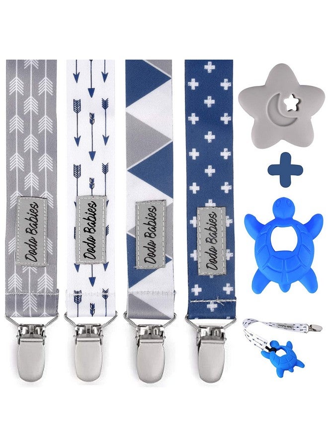 Dodo Babies Pacifier Clip & Teether Toy Set - Four Clips Plus Two Silicone Teether Toys - Universal Holder Fits Most Paci Brands - Fun Blue And Gray Prints For Girls Or Boys - Image 1