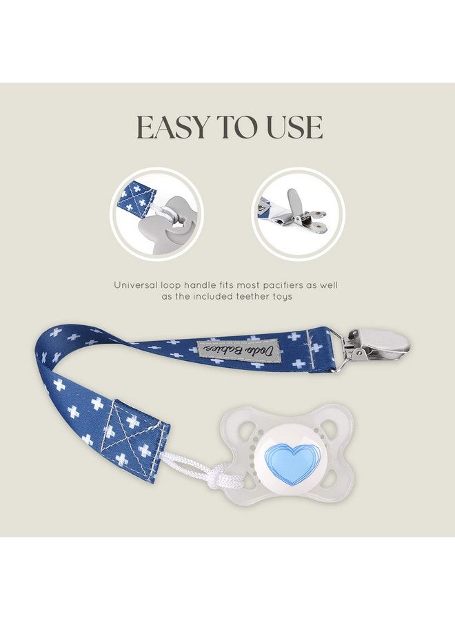 Dodo Babies Pacifier Clip & Teether Toy Set - Four Clips Plus Two Silicone Teether Toys - Universal Holder Fits Most Paci Brands - Fun Blue And Gray Prints For Girls Or Boys - Image 4
