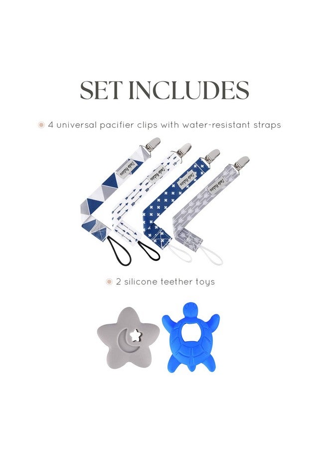 Dodo Babies Pacifier Clip & Teether Toy Set - Four Clips Plus Two Silicone Teether Toys - Universal Holder Fits Most Paci Brands - Fun Blue And Gray Prints For Girls Or Boys - Image 3