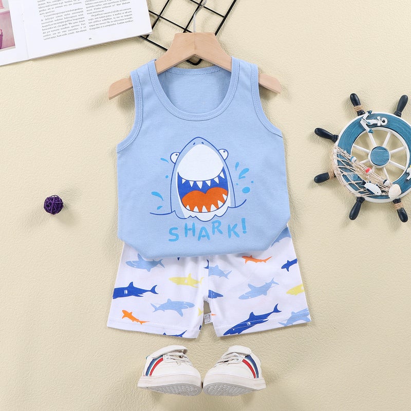 Cotton Summer Kids Vest  Shorts Set E15-Big mouth fish 