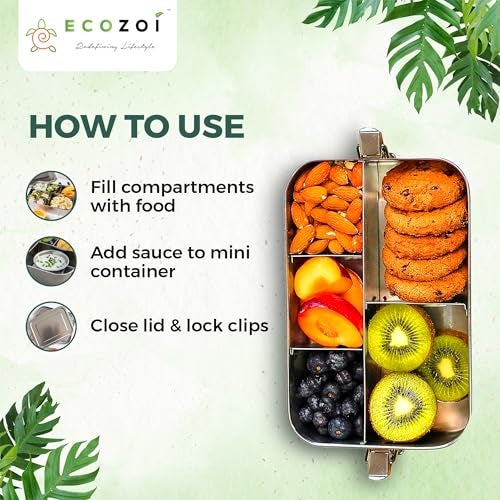 ecozoi Stainless Steel Lunch Box Food Pack, Large | 5 Compartment Box with Leak Proof Lid and Locking Clips | Sustainable Food Storage Container, 1500 ml Capacity - Image 2