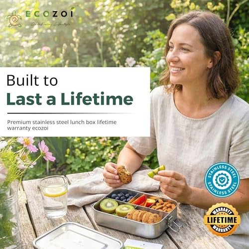 ecozoi Stainless Steel Lunch Box Food Pack, Large | 5 Compartment Box with Leak Proof Lid and Locking Clips | Sustainable Food Storage Container, 1500 ml Capacity - Image 4