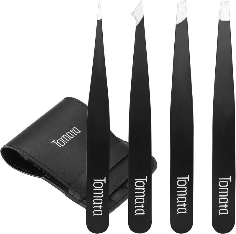 Tomata Tweezers for Eyebrows, 4-piece Slant Tip and Pointed Eyebrow Tweezer Set Great Precision for Eyebrows Facial Hair, Ingrown Hair, Splinter, Blackhead and Tick Remover (Black) - Image 1