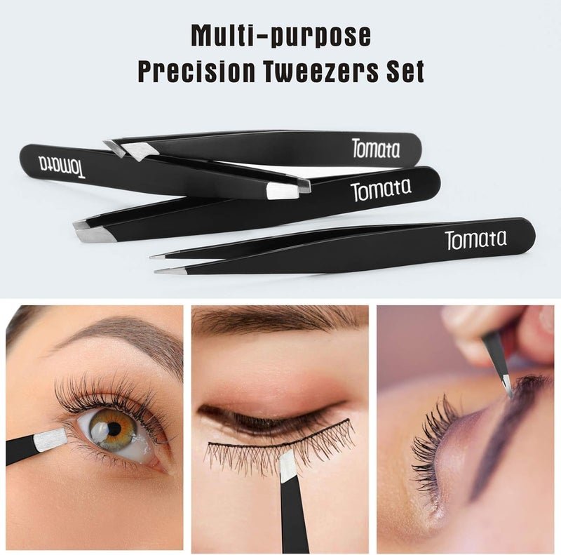 Tomata Tweezers for Eyebrows, 4-piece Slant Tip and Pointed Eyebrow Tweezer Set Great Precision for Eyebrows Facial Hair, Ingrown Hair, Splinter, Blackhead and Tick Remover (Black) - Image 3