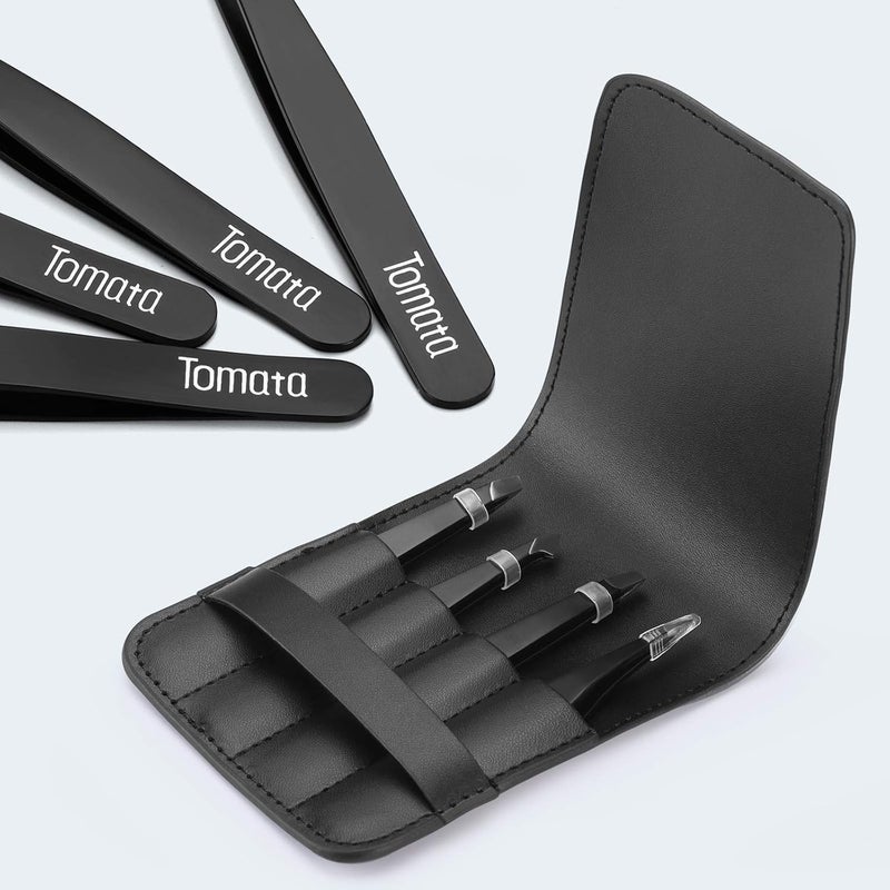 Tomata Tweezers for Eyebrows, 4-piece Slant Tip and Pointed Eyebrow Tweezer Set Great Precision for Eyebrows Facial Hair, Ingrown Hair, Splinter, Blackhead and Tick Remover (Black) - Image 4