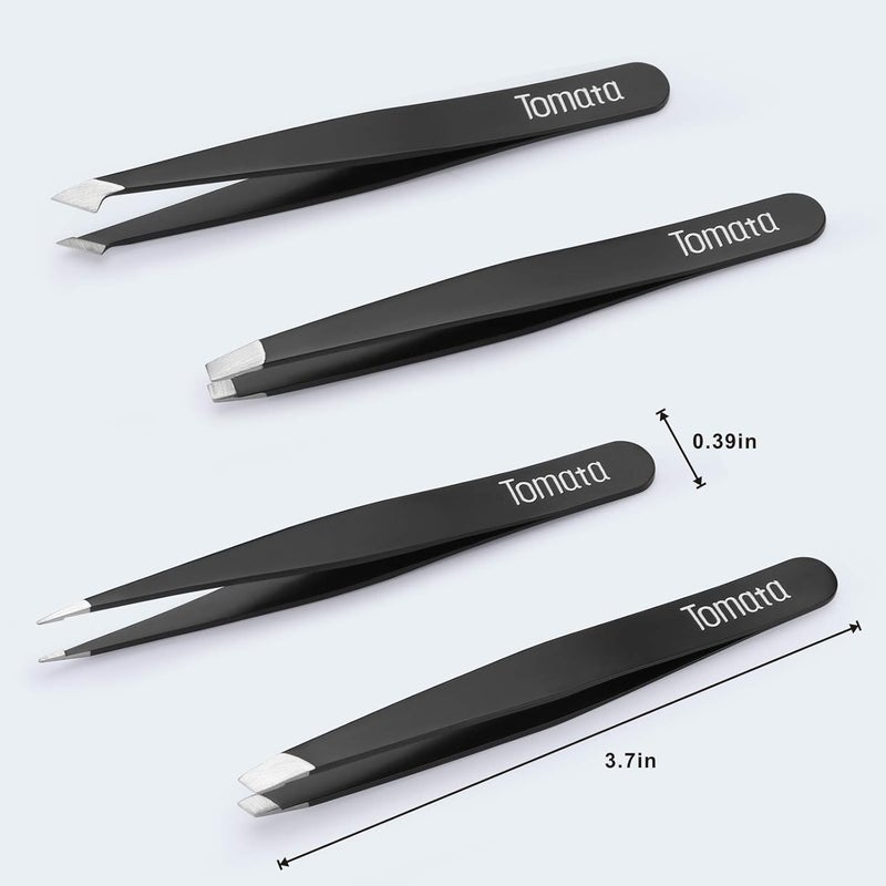 Tomata Tweezers for Eyebrows, 4-piece Slant Tip and Pointed Eyebrow Tweezer Set Great Precision for Eyebrows Facial Hair, Ingrown Hair, Splinter, Blackhead and Tick Remover (Black) - Image 5