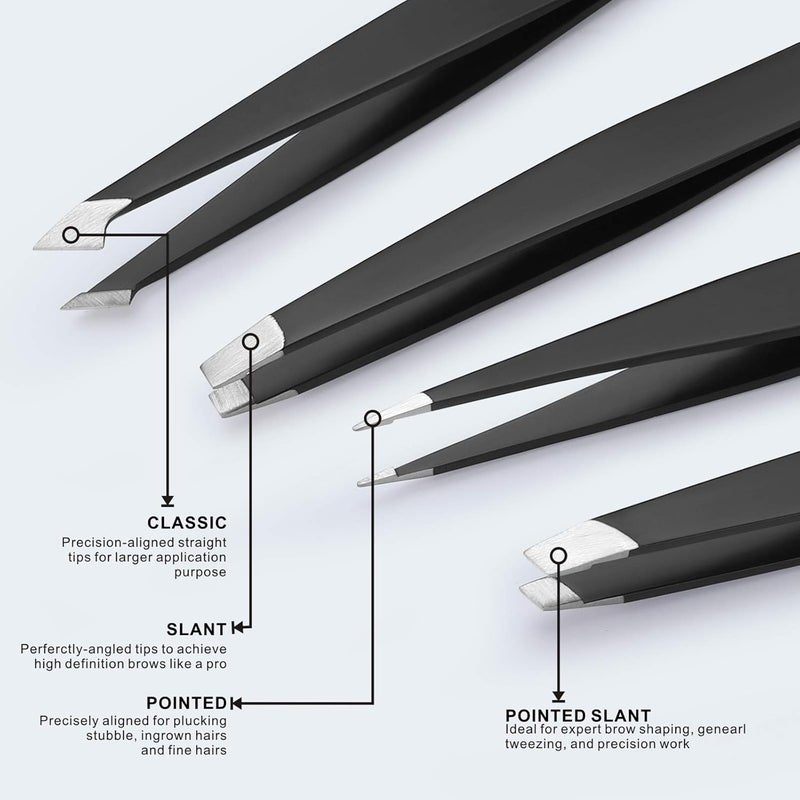 Tomata Tweezers for Eyebrows, 4-piece Slant Tip and Pointed Eyebrow Tweezer Set Great Precision for Eyebrows Facial Hair, Ingrown Hair, Splinter, Blackhead and Tick Remover (Black) - Image 2