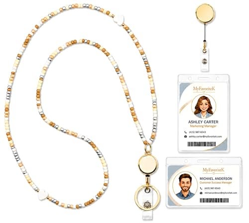 MyfavoriteK Retractable Colorful Beaded Teacher Lanyard with Badge Reel Trendy Cute Badge Holder Neck Lanyards for Teacher Nurse Cruise (Sand) - Image 2