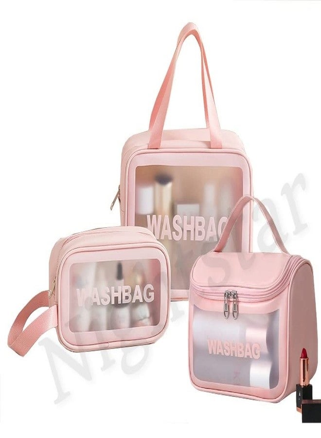 Nightstar Multipurpose Clear PVC Zipper Cosmetic Travel Wash Bag Toiletry Makeup Organizer Portable Carry Bag Pouch for Women Girls (Pack of 3) (Pink) - Image 1