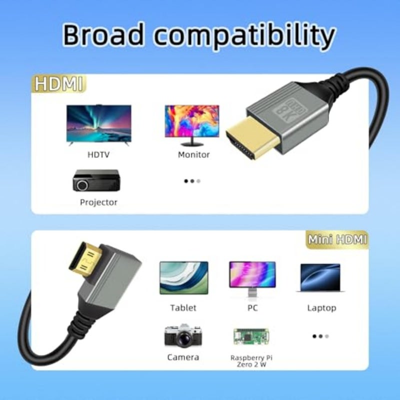 8K Mini HDMI to HDMI Adapter Cable, 90° Right Angle High Speed HDMI 2.1 Cord 48Gbps, Supports 8K@60Hz 4K@120Hz, Compatible with Laptop, TV, Camcorder, Camera 1M - Image 3