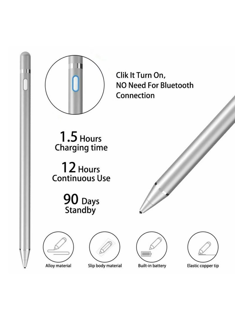 BGM Universal Active Stylus Pen Silver 1.5mm fine Tip Digital Stylus Pen Compatible with Apple iPad iPhone Samsung Tablets, on iOS and Android Capacitive Touchscreens - Silver  - Image 2