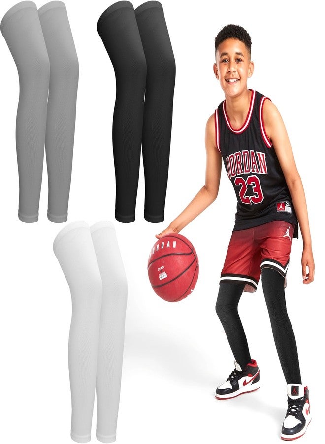 Cptoion 3 Pairs Leg Sleeves,Kids Long Compression Leg Sleeves,Full Length Leg Sleeves UV Protection,Non Slip Basketball Leg Sleeve for Youth Boy Girl Sport Running (Black, White, Gray) (Medium) - Image 1