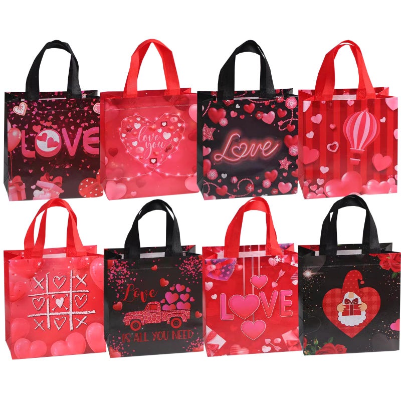 Corbekel 32 Pieces Valentines Day Gift Bags Bulk, Reusable Valentines Day Goodie Tote Bags with Handle in 8 Styles, Non Woven Heart Goodie Bag for Valentine's Day, Anniversaries, Wedding, Birthday - Image 1