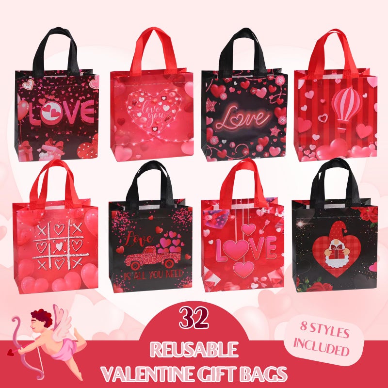 Corbekel 32 Pieces Valentines Day Gift Bags Bulk, Reusable Valentines Day Goodie Tote Bags with Handle in 8 Styles, Non Woven Heart Goodie Bag for Valentine's Day, Anniversaries, Wedding, Birthday - Image 2