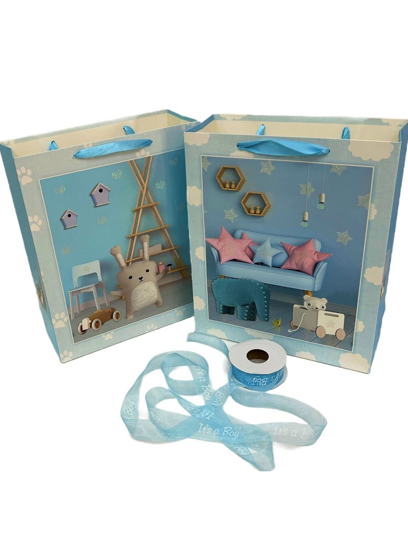 Boxwoods 2 Gift Bags With Blue Ribbon Roll For New Born Boy Gender Reveal And Baby Shower - Image 1