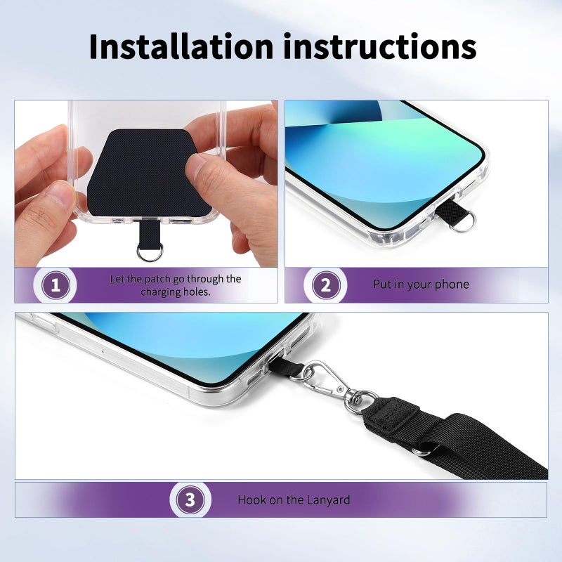 CACOE Phone Lanyard 2 Pcs Adjustable Neck Strap,4 Pcs Patches,Universal Crossbody Multifuctional Polyester Lanyards Compatible with Most Smartphones(Black+Purple) - Image 4