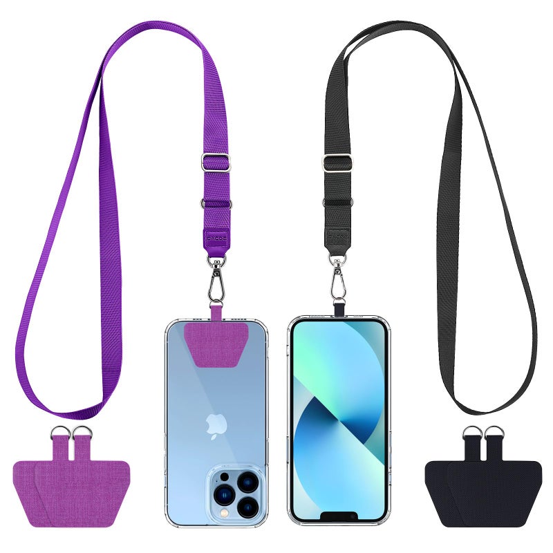 CACOE Phone Lanyard 2 Pcs Adjustable Neck Strap,4 Pcs Patches,Universal Crossbody Multifuctional Polyester Lanyards Compatible with Most Smartphones(Black+Purple) - Image 1