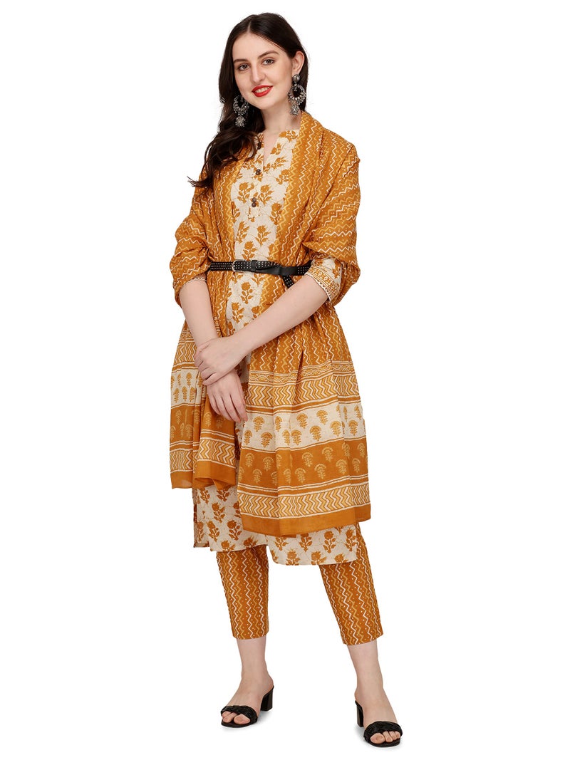FIORRA Women's Yellow Cotton Straight Kurta with Pant and Dupatta SET0047-M - Image 4