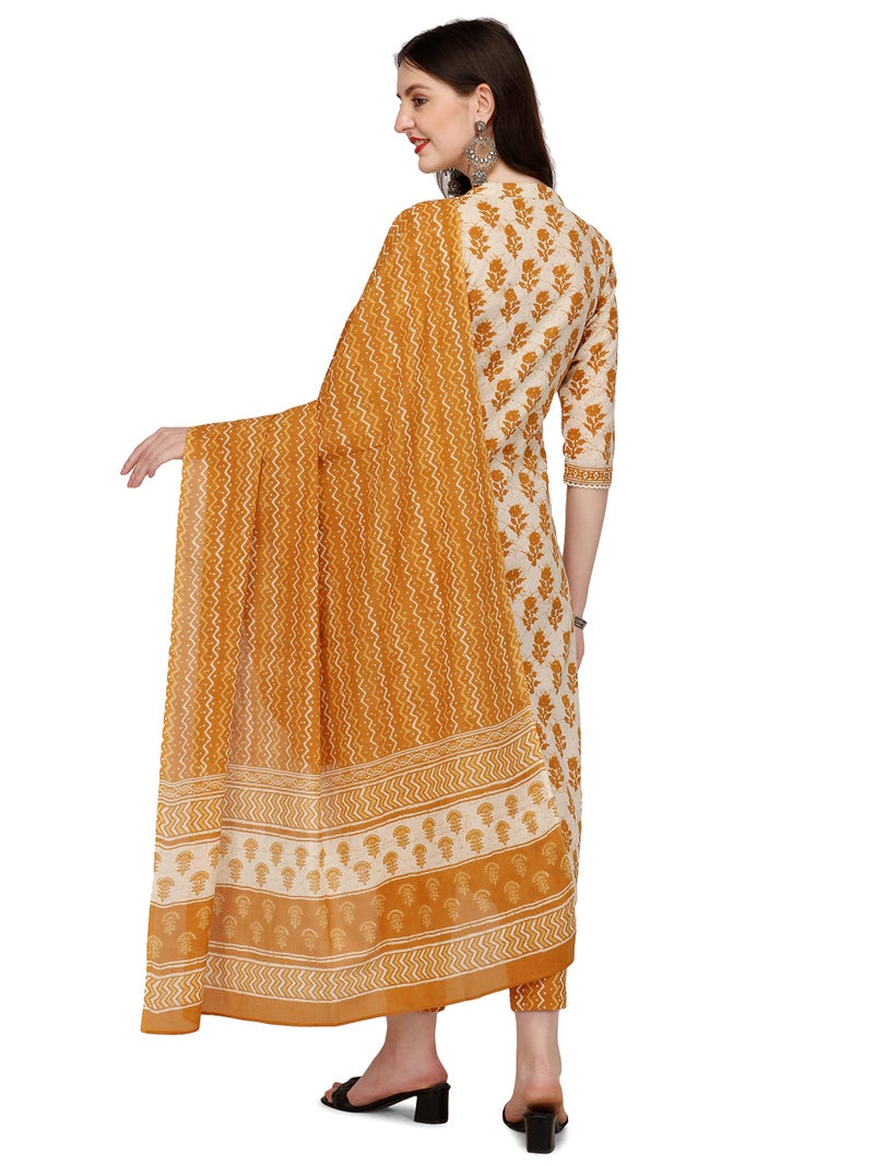 FIORRA Women's Yellow Cotton Straight Kurta with Pant and Dupatta SET0047-M - Image 3