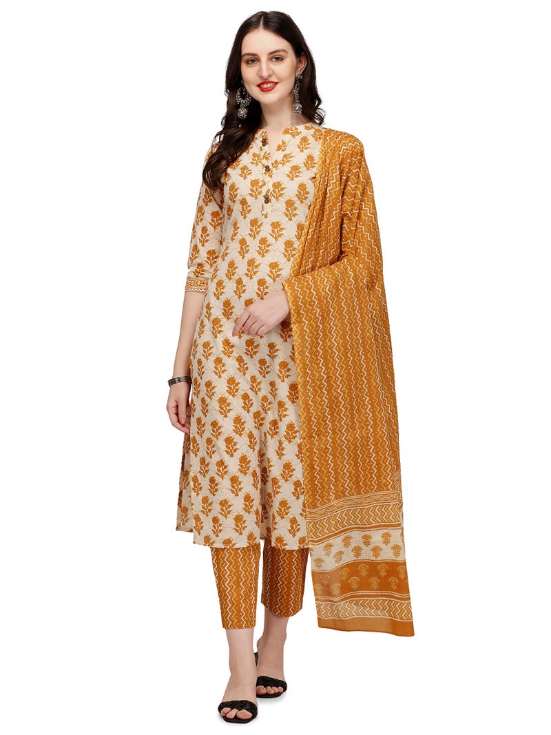 FIORRA Women's Yellow Cotton Straight Kurta with Pant and Dupatta SET0047-M - Image 1