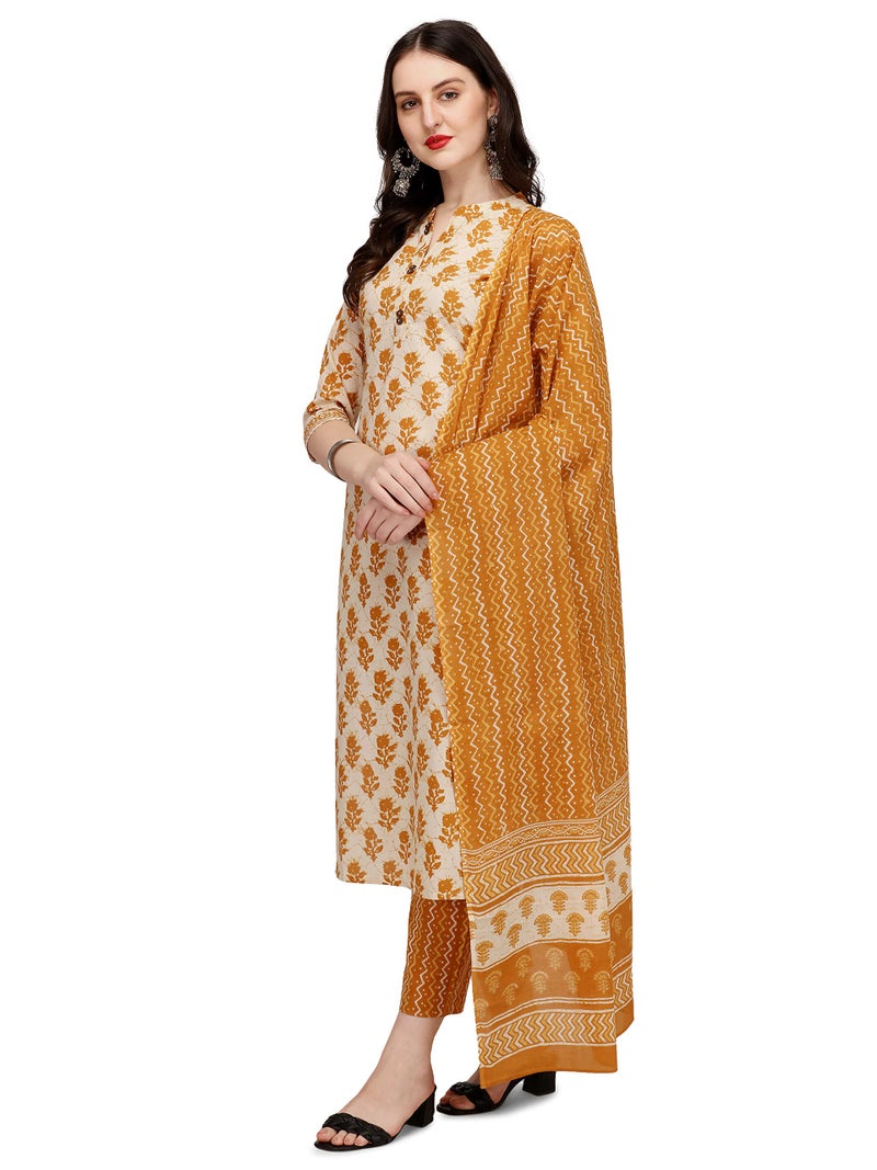 FIORRA Women's Yellow Cotton Straight Kurta with Pant and Dupatta SET0047-M - Image 2