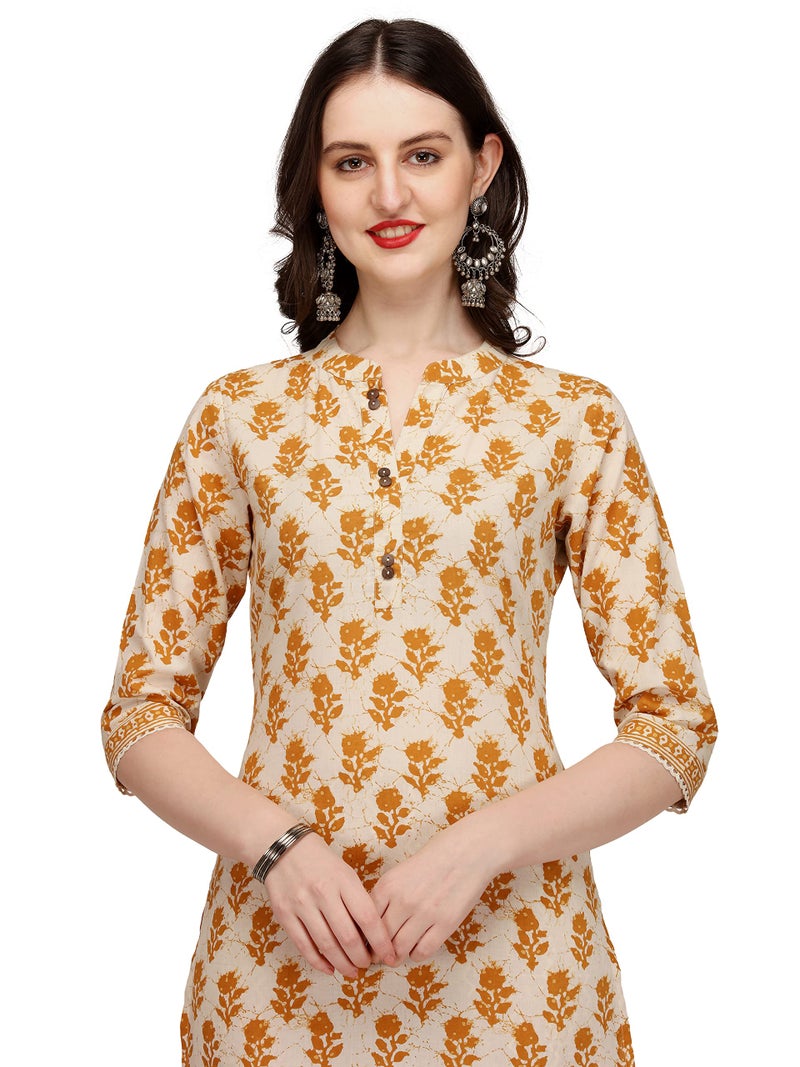 FIORRA Women's Yellow Cotton Straight Kurta with Pant and Dupatta SET0047-M - Image 5