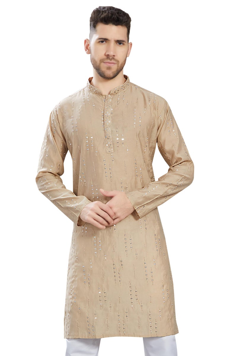 DIVISIVE Men's Mirror Embroidered Silk Blend Only Slim Fit Kurta (DKRT813_L_Peach) - Image 1