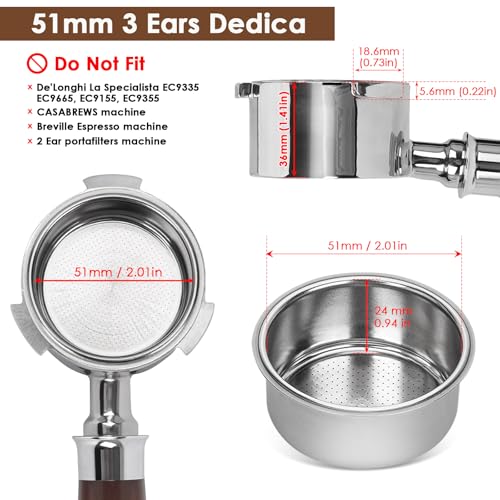 YMWVH 51mm Bottomless Portafilter 3 Ears, YMWVH Professional Espresso Portafilter 51mm for De-longhi EC680, EC685 & EC885 Espresso Machine, Stainless Steel Basket and Walnut Handle - Image 2