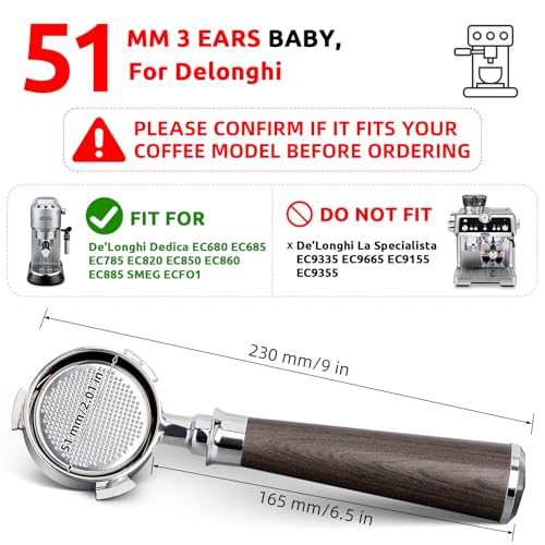 YMWVH 51mm Bottomless Portafilter 3 Ears, YMWVH Professional Espresso Portafilter 51mm for De-longhi EC680, EC685 & EC885 Espresso Machine, Stainless Steel Basket and Walnut Handle - Image 3
