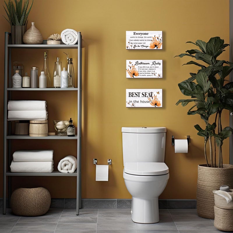 DONFENTHY 3 Pieces Orange Bathroom Decor Bathroom Rules Wall Art Orange Flower Bathroom Rules Sign Best Seat in The House Rustic Farmhouse Wooden Sign for Bathroom Toilet Decor (Orange 10x5 Inch) - Image 2