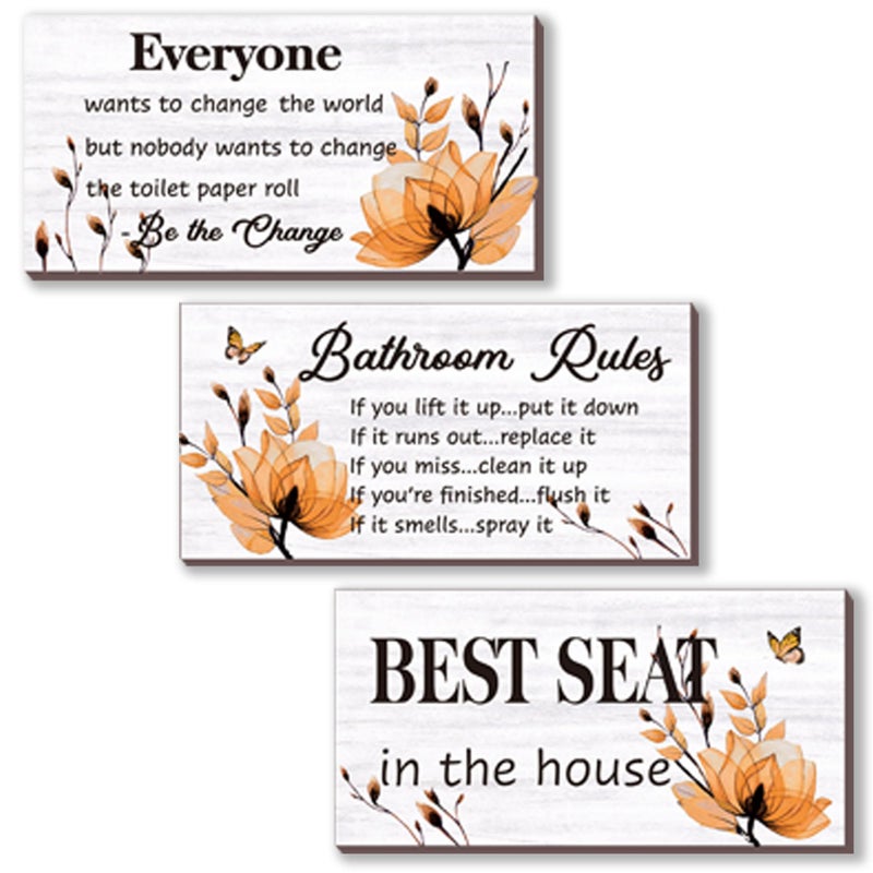 DONFENTHY 3 Pieces Orange Bathroom Decor Bathroom Rules Wall Art Orange Flower Bathroom Rules Sign Best Seat in The House Rustic Farmhouse Wooden Sign for Bathroom Toilet Decor (Orange 10x5 Inch) - Image 1