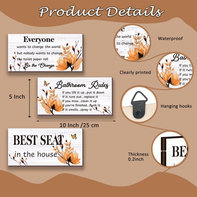 DONFENTHY 3 Pieces Orange Bathroom Decor Bathroom Rules Wall Art Orange Flower Bathroom Rules Sign Best Seat in The House Rustic Farmhouse Wooden Sign for Bathroom Toilet Decor (Orange 10x5 Inch) - Image 3