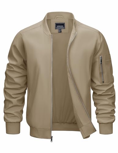 CRYSULLY Men's Lightweight Bomber Jacket Full Zipper Windbreaker Long Sleeve Fall Jackets Streetwear Khaki M - Image 1