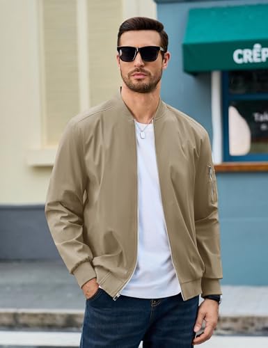 CRYSULLY Men's Lightweight Bomber Jacket Full Zipper Windbreaker Long Sleeve Fall Jackets Streetwear Khaki M - Image 2
