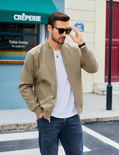CRYSULLY Men's Lightweight Bomber Jacket Full Zipper Windbreaker Long Sleeve Fall Jackets Streetwear Khaki M - Image 3
