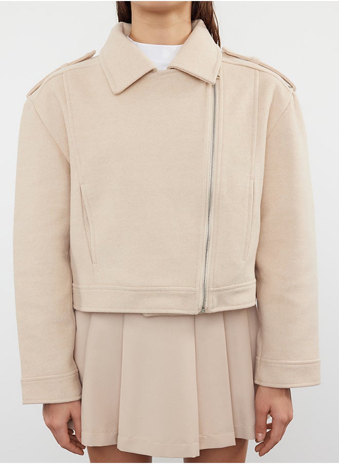 trendyol Beige Stamp Crop Biker Slim Jacket Coat TWOAW25MO00128  - Image 3
