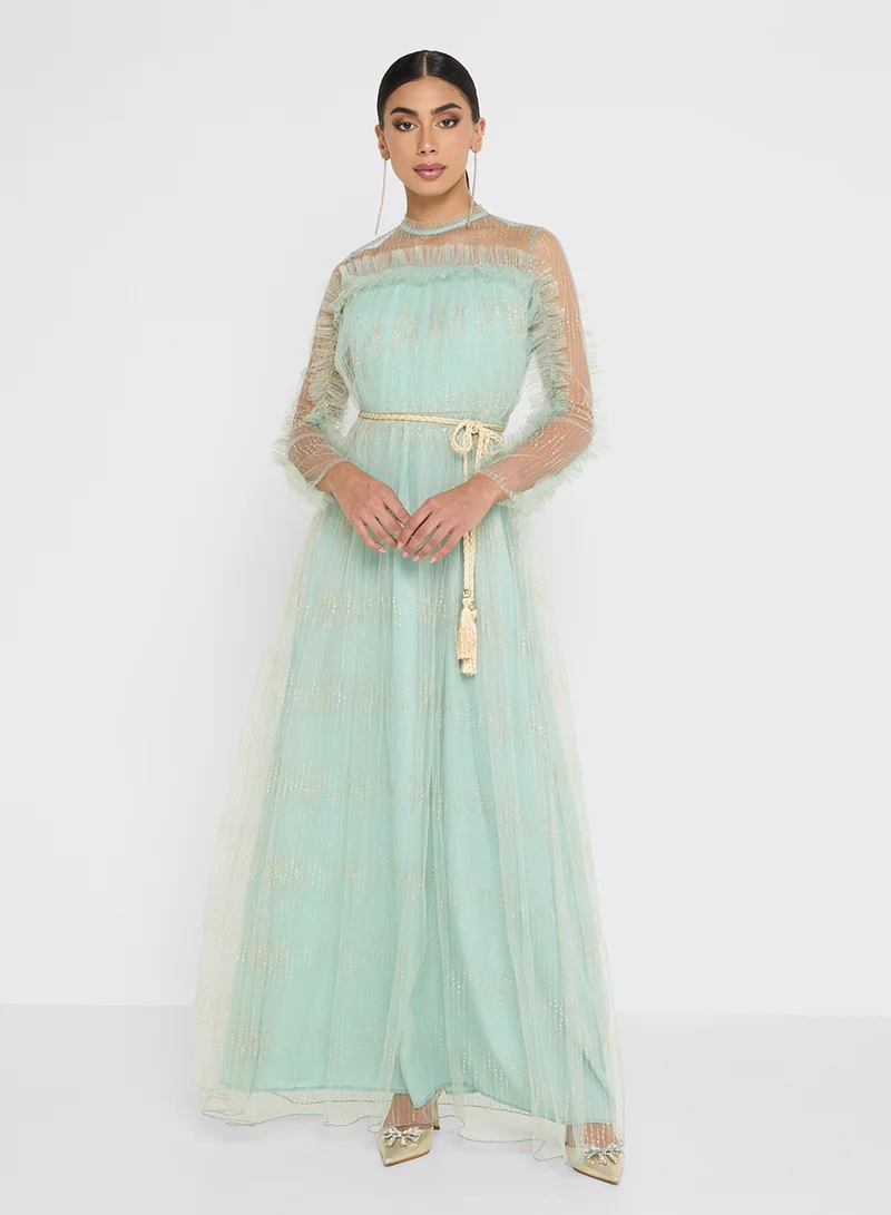 Golden Apple Embellished Maxi Dress With Belt