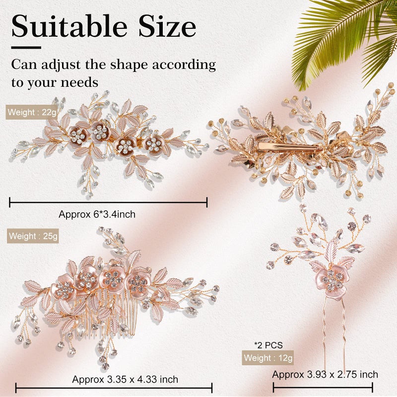 Mtlee 4 Pieces Bridal Rose Gold Hair Accessories for Brides and Bridesmaids Rhinestone Hair Pins Crystal Flower Barrette Wedding Combs with Leaves - Image 2