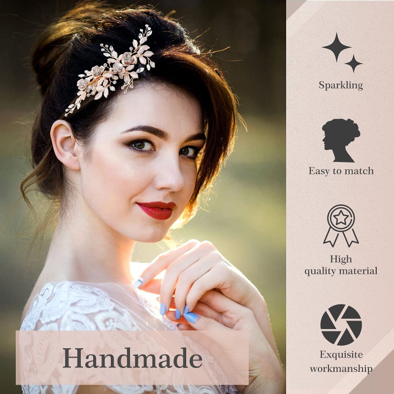 Mtlee 4 Pieces Bridal Rose Gold Hair Accessories for Brides and Bridesmaids Rhinestone Hair Pins Crystal Flower Barrette Wedding Combs with Leaves - Image 3