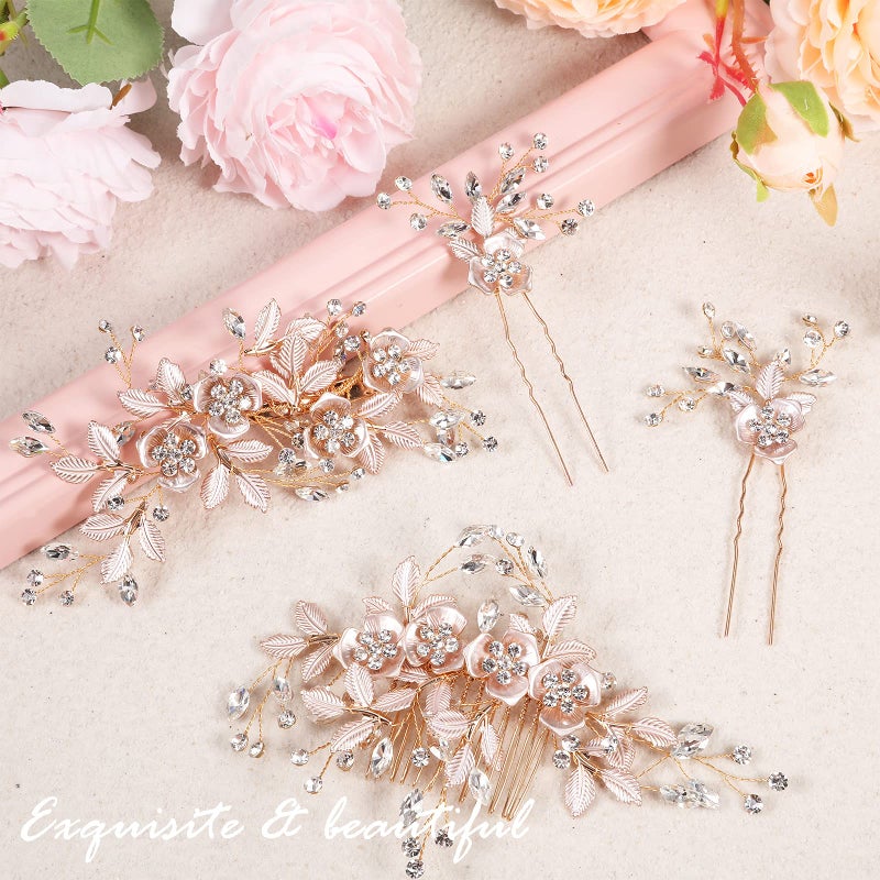 Mtlee 4 Pieces Bridal Rose Gold Hair Accessories for Brides and Bridesmaids Rhinestone Hair Pins Crystal Flower Barrette Wedding Combs with Leaves - Image 5
