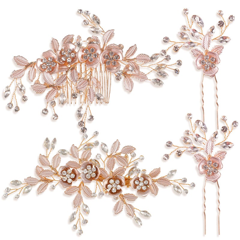 Mtlee 4 Pieces Bridal Rose Gold Hair Accessories for Brides and Bridesmaids Rhinestone Hair Pins Crystal Flower Barrette Wedding Combs with Leaves - Image 1