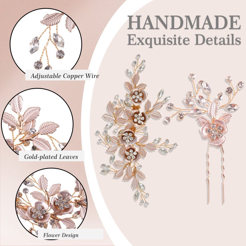 Mtlee 4 Pieces Bridal Rose Gold Hair Accessories for Brides and Bridesmaids Rhinestone Hair Pins Crystal Flower Barrette Wedding Combs with Leaves - Image 4