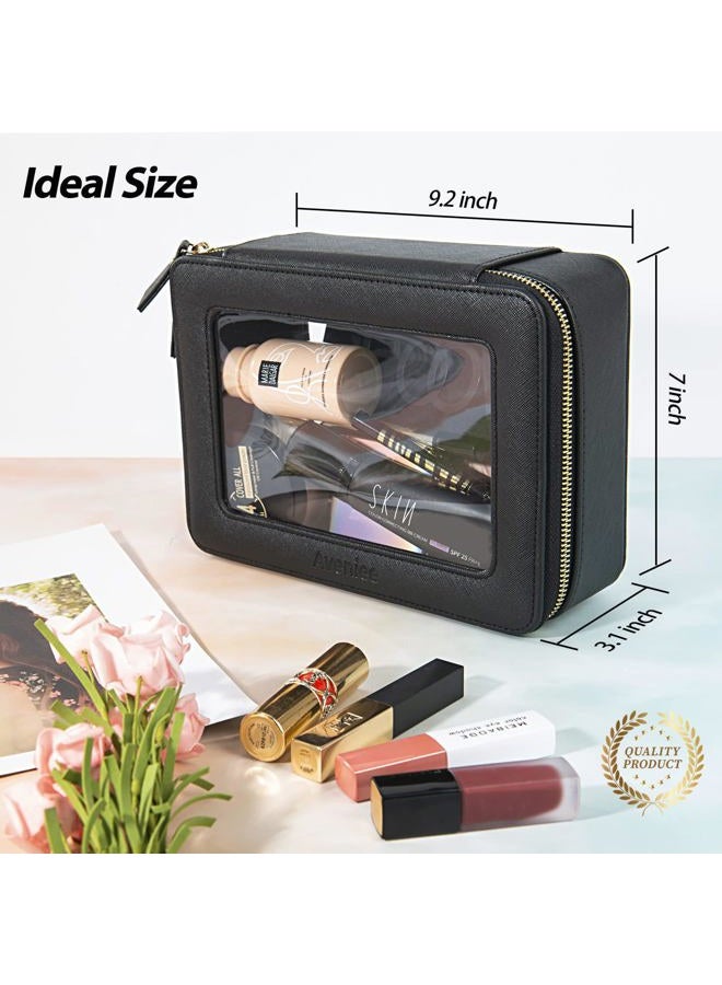 Aveniee Clear Makeup Bag Organizer, Portable Travel Toiletry Cosmetic Bag Case for Women, Heavy Duty Make Up Pouch with Transparent Vinyl Windows & Gold Zippers(Black) - Image 2