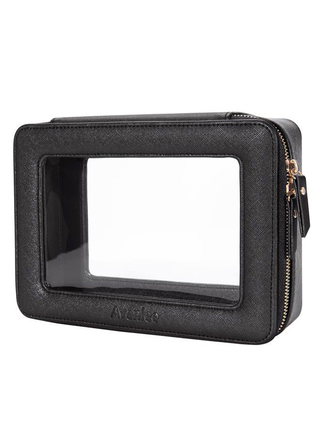 Aveniee Clear Makeup Bag Organizer, Portable Travel Toiletry Cosmetic Bag Case for Women, Heavy Duty Make Up Pouch with Transparent Vinyl Windows & Gold Zippers(Black) - Image 1