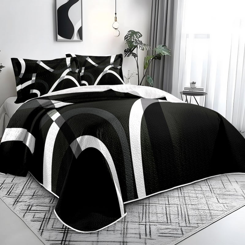 weesire Black and White Bedding Quilt King Size with 2 Shams, Modern Stripe Comforter Sets Classic Line Pattern Bedspreads Grey and White Coverlet, 96''x106'' - Image 2
