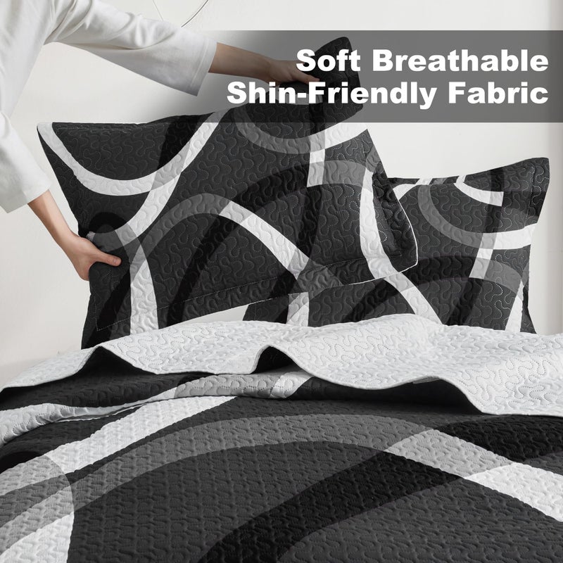weesire Black and White Bedding Quilt King Size with 2 Shams, Modern Stripe Comforter Sets Classic Line Pattern Bedspreads Grey and White Coverlet, 96''x106'' - Image 4