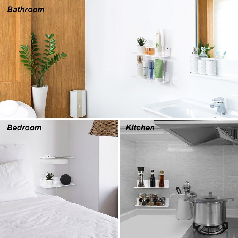 OAPRIRE White Acrylic Floating Shelves Set of 2 - Damage Free Expand Wall Space - 12 Inch Wall Shelves with Strong Adhesive for Bathroom, Bedroom, etc - Image 2