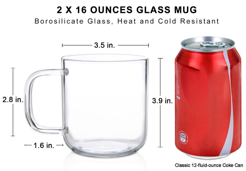 Aquach Glass Mugs 16 Oz Set Of 2  Large Clear Glass Cup With Handle For Hot/Cold Coffee Tea Beverage  Drinking Glasses - Image 2