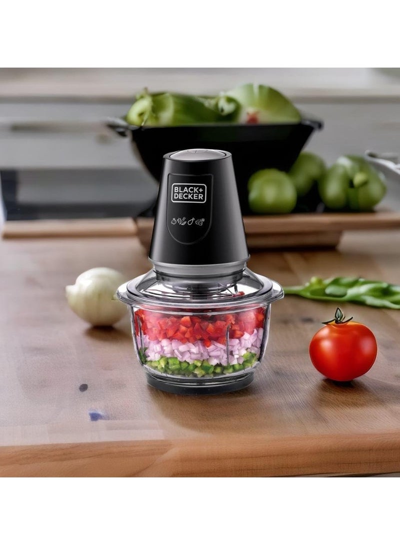 ديكر مفرمة ومفرمة زجاجية عمودية من بلاك اند ديكر مع وظيفة سرعة النبض، سعة الوعاء الزجاجي 400 وات وسعة 1.2 لتر XXL مع نظام رباعي الشفرات قابل للإزالة يساعد على التقطيع. - Image 1