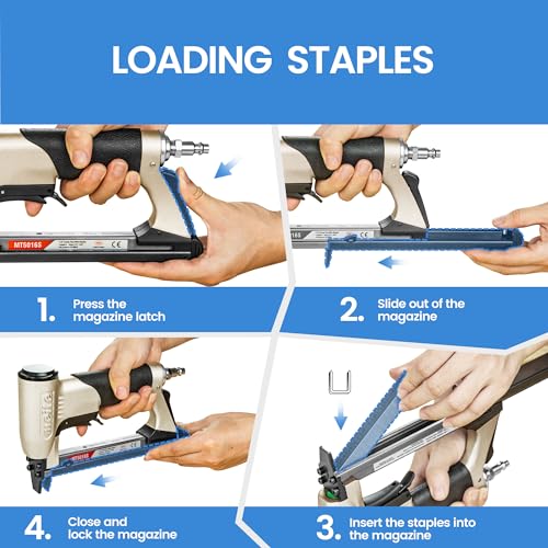 meite Upholstery Stapler with Safety Trigger, for 20 Gauge 1/2-Inch Crown Staples, Heavy-Duty Pneumatic Staple Gun for Woodworking, Professional and DIY Projects (Model MT5016S) - Image 4